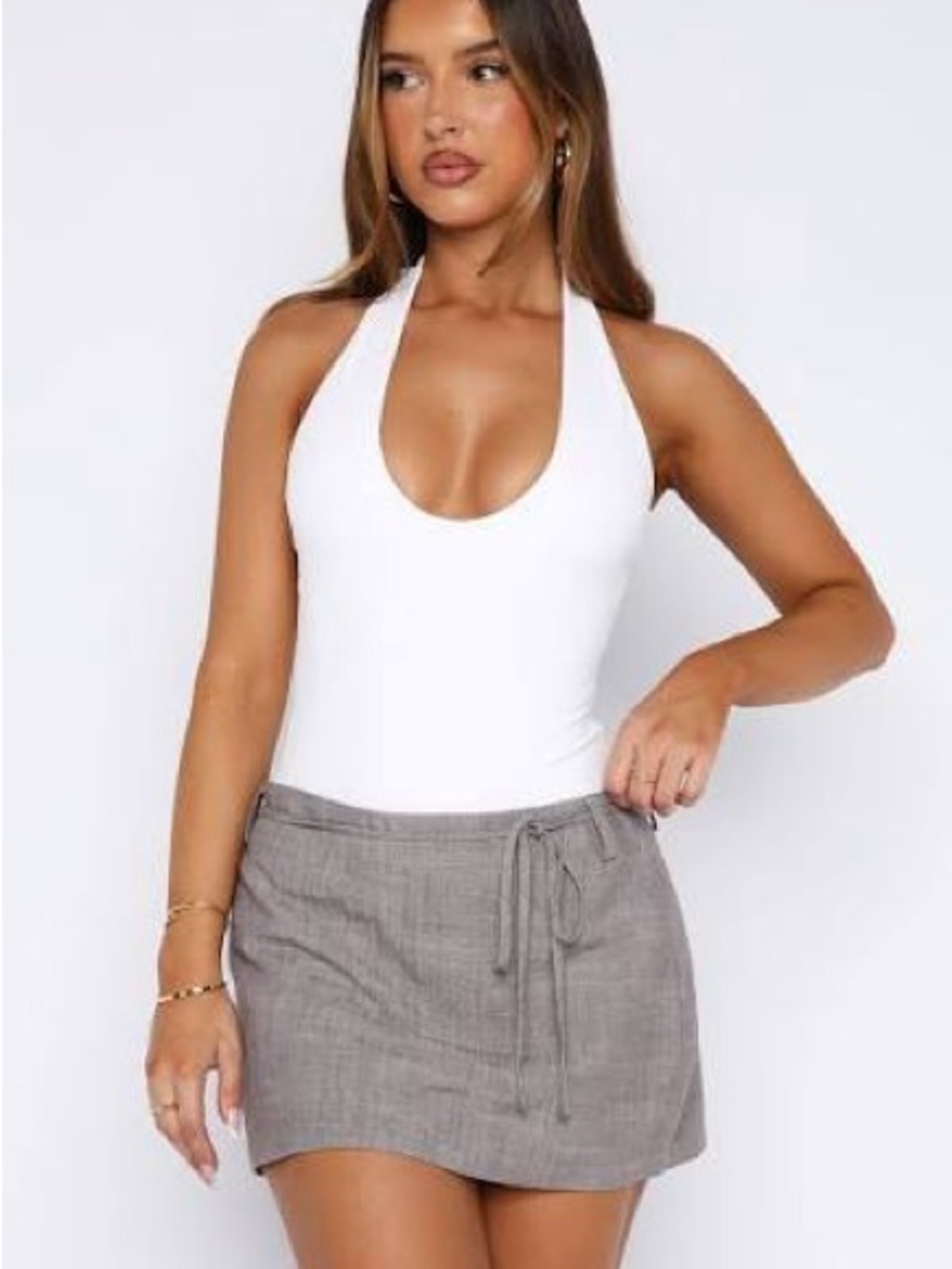 White Fox Boutique Taupe Wrap Mini Skirt